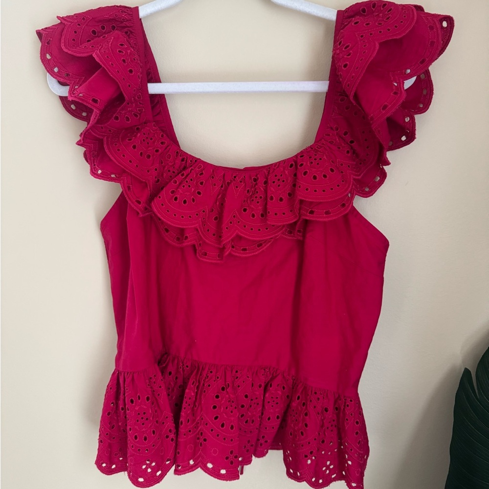 Express Fuchsia Eyelet Ruffle Peplum Tank Top